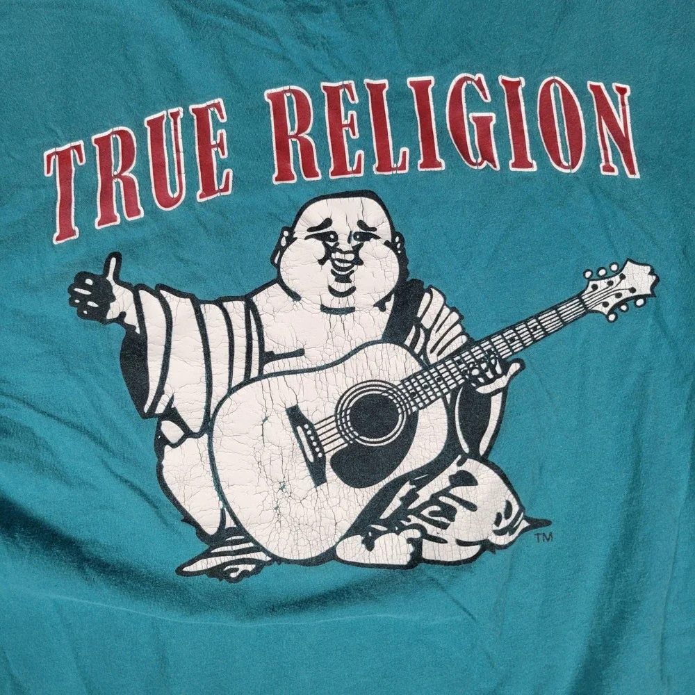 True Religion Buddha Logo Graphic T-Shirt Mens Size M Teal Blue World Tour Tee